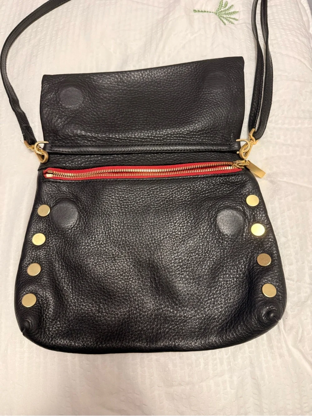 Hammitt Black Leather Crossbody with Gold Hardware and Red Zip Accent